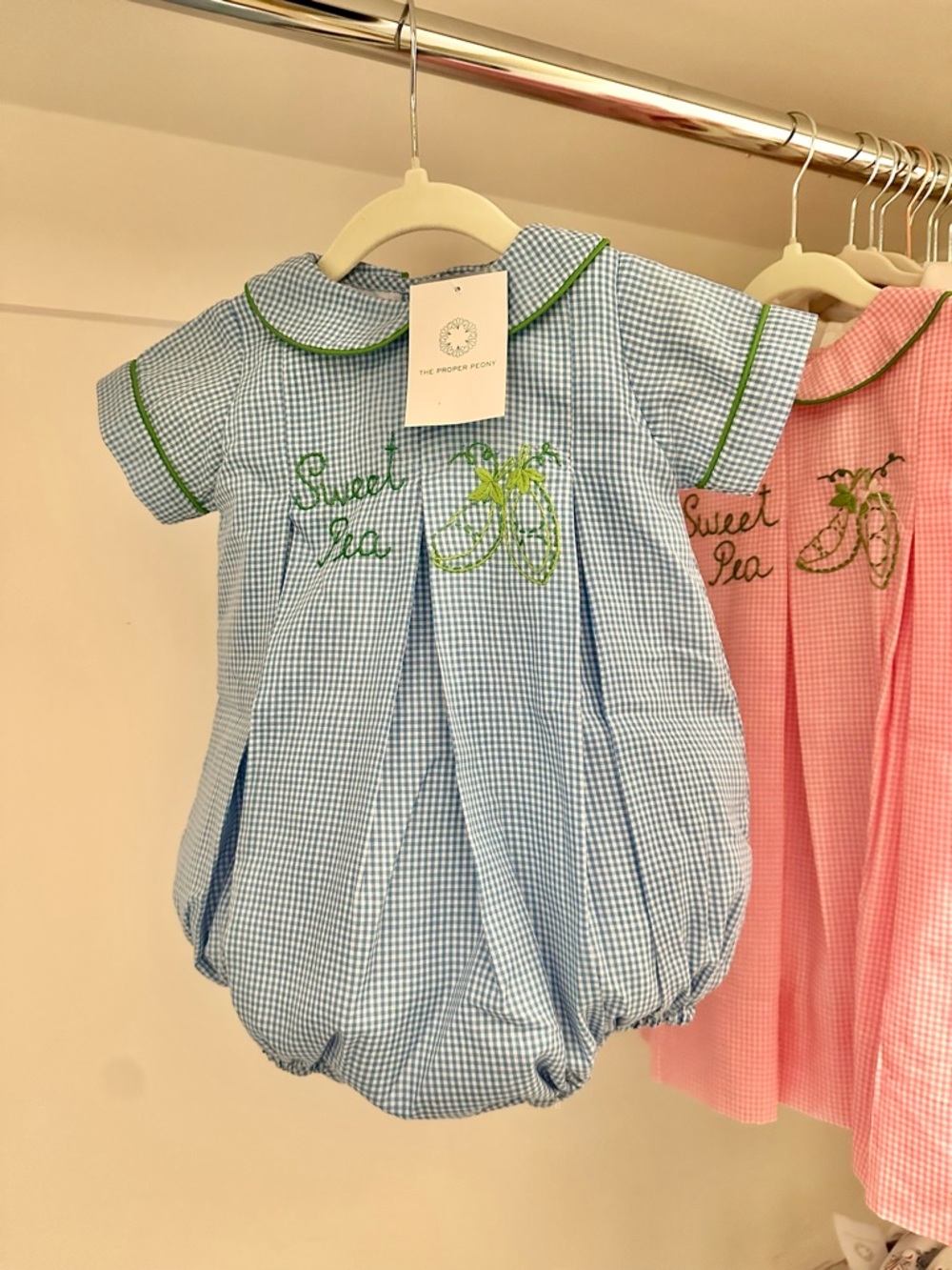 The Proper Peony NWT Baby Bubble Romper with Green Trim - "Sweet Pea" Embroidery